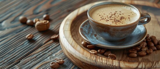 Canvas Print - Latte coffee cup on a wooden surface with nuts, perfect for a copy space image.