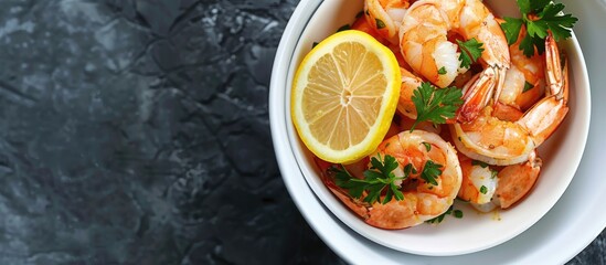 Wall Mural - A bowl of shrimp with a lemon slice, all placed beside a blank background for a copy space image.