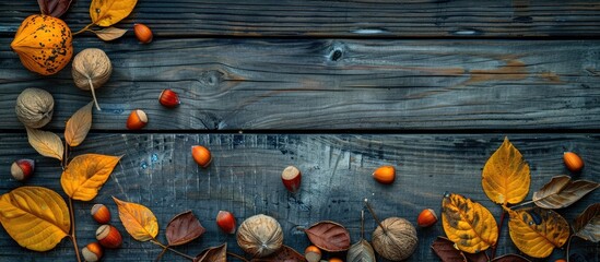 Wall Mural - Top view of autumnal elements like physalis, nuts, and leaves on a wooden surface, forming an elegant fall-inspired composition with copy space image.
