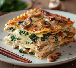 Wall Mural - Creamy Spinach and Mushroom Lasagna With Chicken and Parmesan Cheese