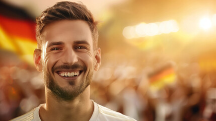 Wall Mural - A man with a mustache and a smile is standing in front of a crowd of people, German people in Germany