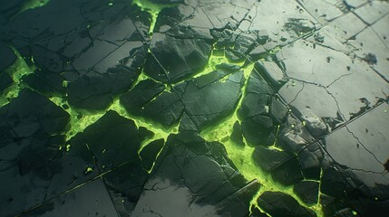 Wall Mural - graphite floor with green lava cracks moving foward in dark mat background