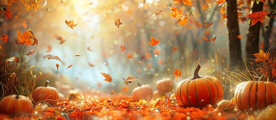 Poster - Pumpkins scattered across the autumnal setting with a vast clear space for additional crafted designs or images to be added.