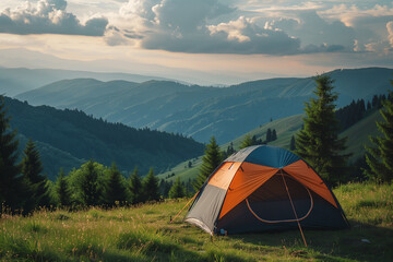 Mountain Tent, positioned against a panoramic mountain backdrop, offering ample copy-space and capturing the spirit of wilderness exploration