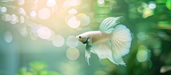 A white Betta fish tail swimming in a water tank with a blurred effect, ideal for breeding concepts, with a blank space in the image for text or design. Copy space image