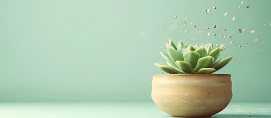 Wall Mural - Playfully engaging with a succulent plant in a pot, with an empty area ready for additional elements in the composition, creating a copy space image.