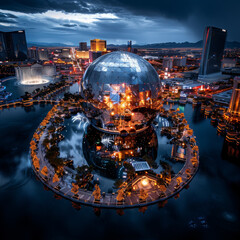 Wall Mural - A large, shiny, reflective sphere sits in the middle of a city