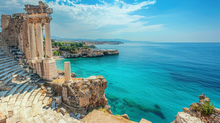 A beautiful blue ocean with a rocky shoreline, antique architecture