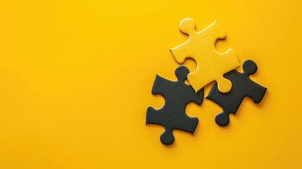 Wall Mural - Matching two pieces jigsaw puzzle on yellow background. Creative and idea concept.
