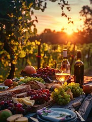 Poster - Plentiful Food and Wine on Wooden Table