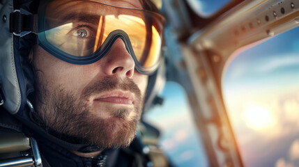 Wall Mural - A man in a helmet and goggles is looking out of an airplane window, skydiving concept