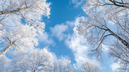 Wall Mural - Frozen trees with a frosty coating under a blue sky Chilly European winter scene