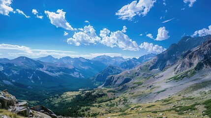 Wall Mural - Background image of peaceful mountain meadow panorama with cloudy skies. High-resolution landscape photography. Springtime and natural beauty concept. Design for environmental campaigns. AIGT2.