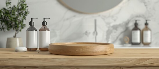 Wall Mural - Wooden podium for product display on a bathroom background with a blurred effect