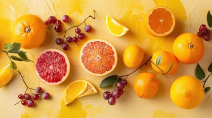 Wall Mural - Citrus Fruits and Grapes on Yellow Background