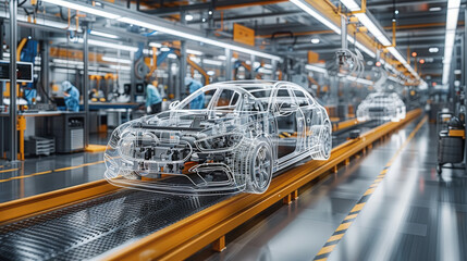 Wall Mural - A car assembly line featuring an augmented reality overlay of a vehicle design, showcasing the integration of futuristic technology in modern manufacturing processes.