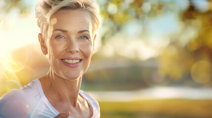 Wall Mural - A woman with a white shirt and blonde hair is smiling in the sun, outdoor jogging