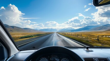 Wall Mural - The road stretches out through the windshield of the car with the passing scenery blurring to the edge. Dashboard and interior details frame the view. Add depth and perspective to the journey ahead.