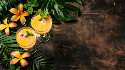 Wall Mural - Tropical Cocktails with Frangipani Flowers and Palm Leaves
