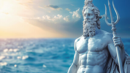 A statue of a man holding a trident is standing on a beach, Poseidon or Neptune