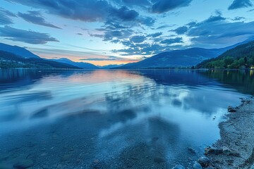 Wall Mural - A beautiful lake with a blue sky and mountains in the background. The water is calm and still, reflecting the sky and mountains