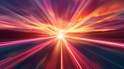 A dynamic scene depicting a highway extending towards a bright  colorful sunset with a dramatic light burst effect  emphasizing speed and futuristic travel.