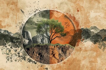 Poster - climate resilience infographic earthy tones circular design interconnected ecosystems weathered texture balance of nature and human elements