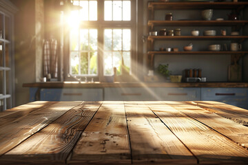wooden table top in a rustic beautiful kitchen with sun coming through window in background