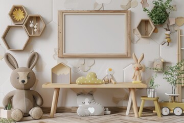 A room with a white wall and a wooden frame with a picture of a rabbit. The room is decorated with stuffed animals and a toy car