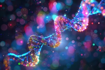 Wall Mural - colorful dna double helix model enlarged with vibrant hues and glowing spots scientific concept of genetic code and biology digital 3d illustration