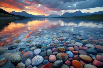Poster - colorful pebbles adorn lake shore as mountains reflect in tranquil sunset waters landscape photography
