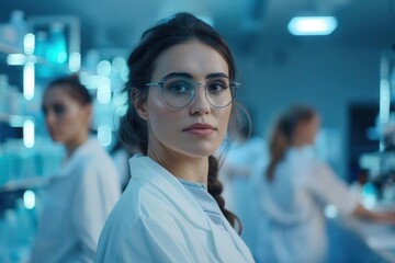 Wall Mural - confident young female scientist in white coat and glasses working in modern medical laboratory diverse team in background