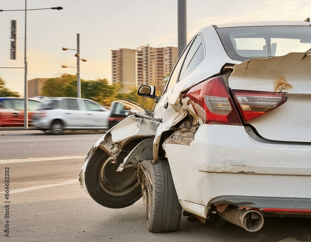 White car with rear-end damage from a traffic accident, shown in close ...