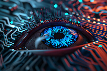 Close-up of a cybernetic eye with circuit patterns