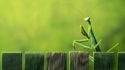 Minimalist Praying Mantis on Wooden Garden Fence with Blank Space