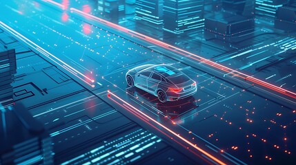 Wall Mural - Futuristic Cityscape with a Digital Car