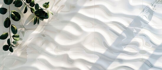 Wall Mural - Wavy water texture on a white ceramic tile background with leaf shadow. Space for text