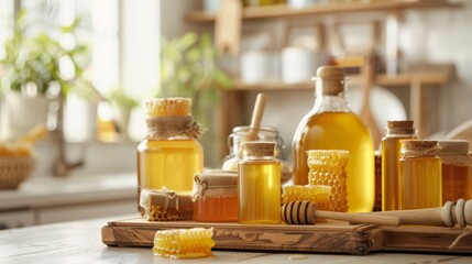 Wall Mural - A collection of honey jars combs and a wooden honey dipper rest on a wooden cutting board