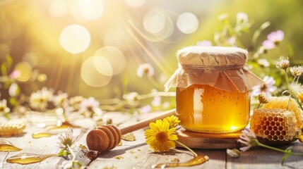 Wall Mural - A jar of honey a honey dipper and a honeycomb are arranged on a wooden surface surrounded by flowers in a sunny meadow