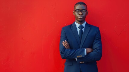 A man in a suit and tie standing in front of a red wall, possibly waiting or looking at something