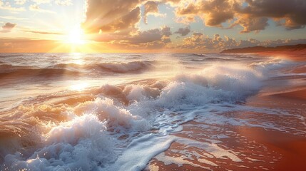 Wall Mural - The sun is setting over the ocean, casting a warm glow on the water. The waves are crashing against the shore, creating a peaceful and serene atmosphere