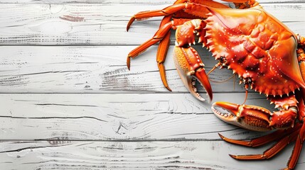 A crab is on a wooden surface. The crab is orange and has a large claw. The background is white and the crab is the main focus of the image