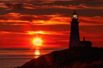 Wall Mural - A lighthouse is lit up in the evening sky. The sun is setting and the sky is orange