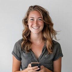 happy jewish woman holding phone on white background