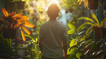 Wall Mural - Man in Botanical Garden at Sunset Surrounded by Lush Greenery and Potted Plants