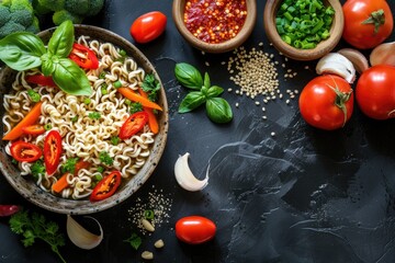 Wall Mural - A bowl of ramen noodles with vegetables and spices on a table. The bowl is filled with noodles and vegetables such as broccoli, carrots, and peppers. There are also some spices and herbs on the table