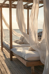 Wall Mural - Wooden cabana with cushions and curtains on the seashore