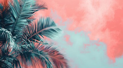 Wall Mural - A tropical scene with a palm tree and a pink sky