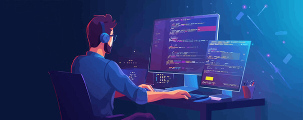 A man is sitting at a desk with a laptop and two monitors. Vector icon