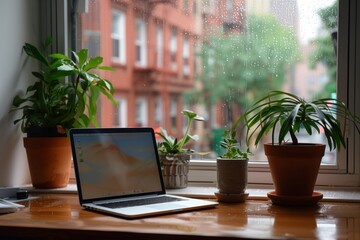 Wall Mural - View from a plant-cluttered desk out a window into a rainy city	and a laptop computer